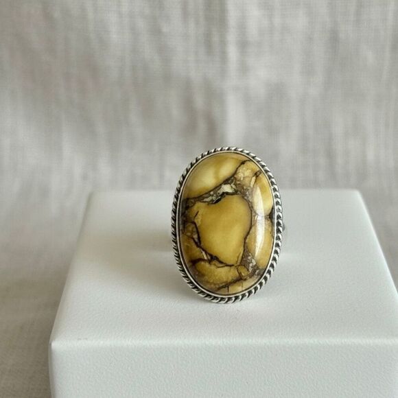 Southwestern Honey Dahlia Turquoise Ring Sterling Silver Adjustable Statement
